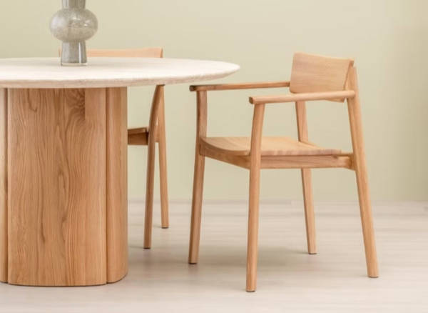 Tathra Round Dining Table, Light Oak with Travertine Top, 61"Dia