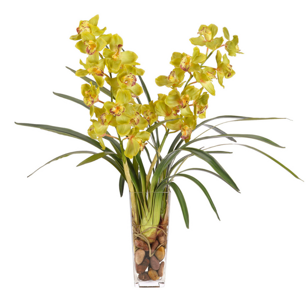 Green Orchid Cymbidium Silk Arrangement in Glass Square Vase, 32"