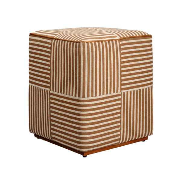 Baxter Stool, Golden Brown Striped Jute/Saddle Full-Grain Leather, 16"L x 16"W x 18"H