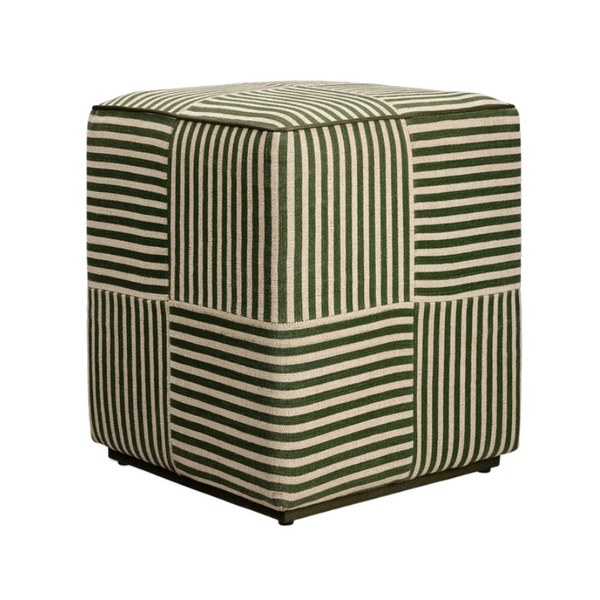 Baxter Stool, Emerald Striped Jute/Forest Full-Grain Leather, 16"L x 16"W x 18"H