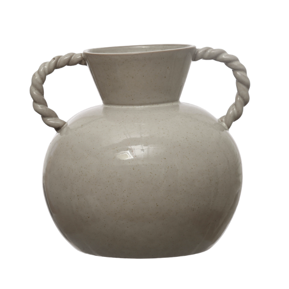 Stoneware Vase w/ Twisted Handles, Reactive Glaze, 9"H