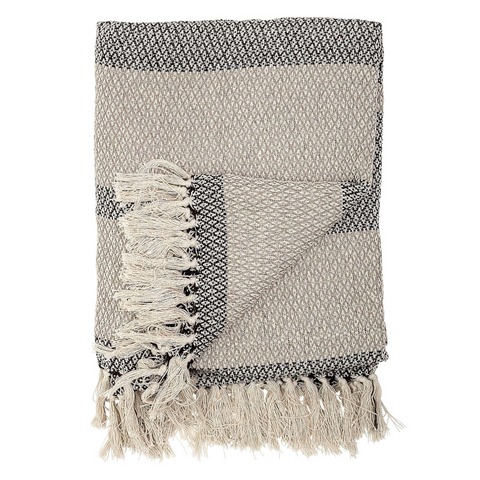 Cotton Blend Knit Throw with Fringe, Grey