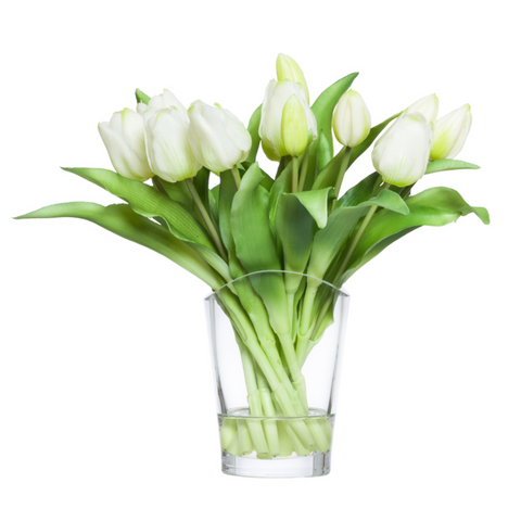 White Tulip Bouquet In Small Flair Vase Waterlike, 11"