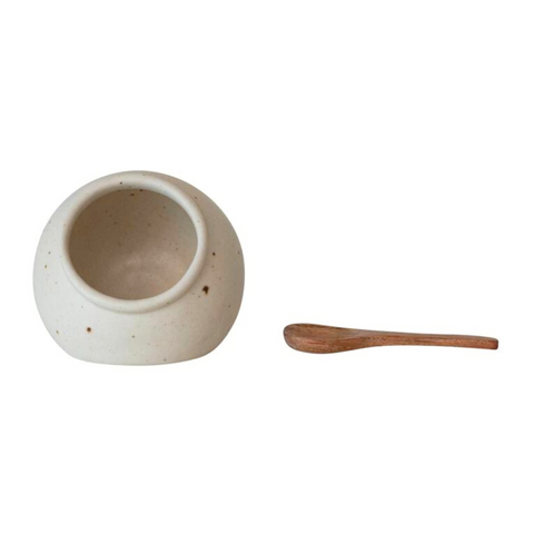 Stoneware Salt Cellar w/ Mango Wood Spoon, Cream