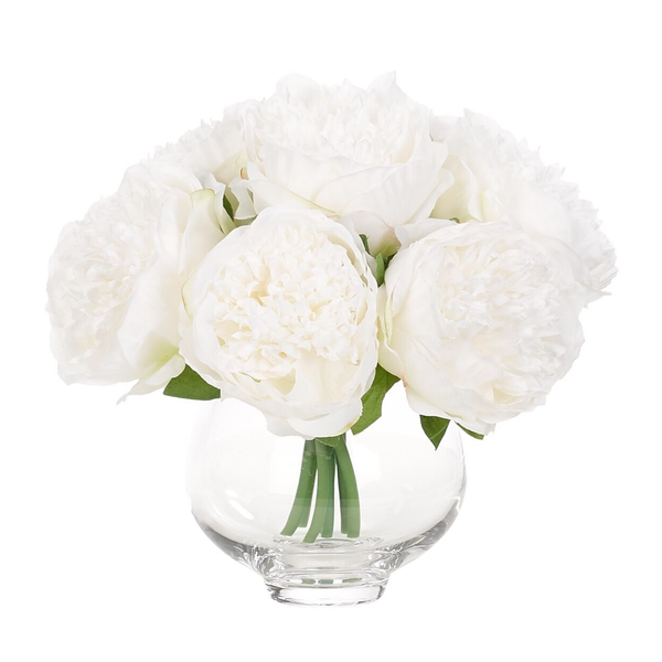 White Peony Bouquet in Glass Vase, 8"H