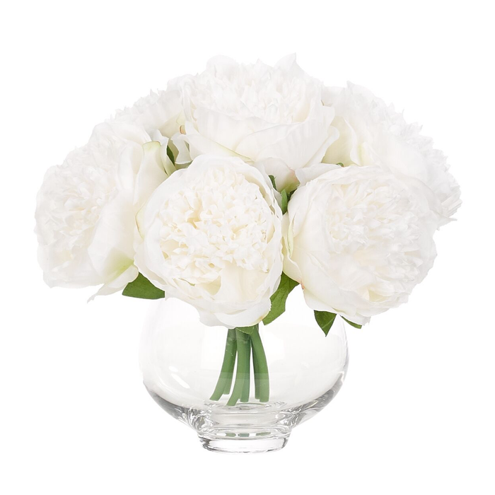 White Peony Bouquet in Glass Vase, 8"H