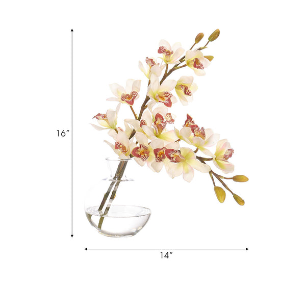 Green Cymbidium Orchids Silk Arrangement in Glass Bubble, 16" H