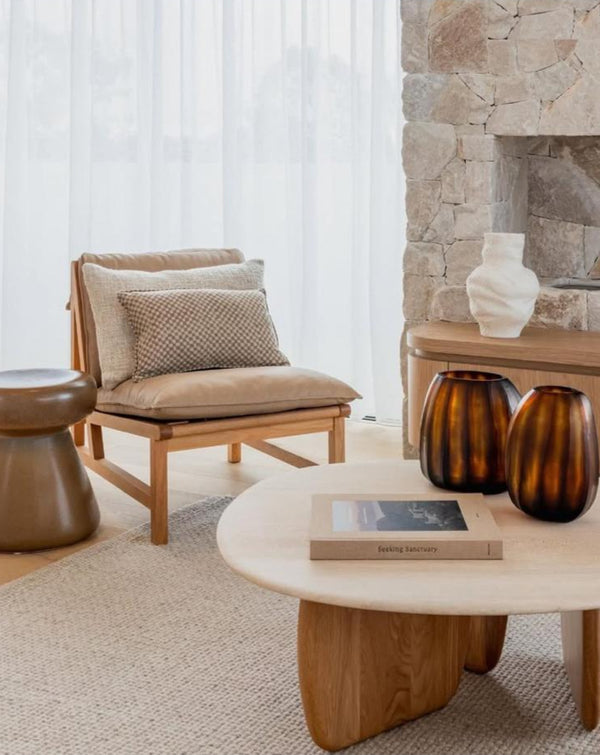 Eden Coffee Table, Light Oak, Travertine, 35.4"Dia × 13.8" H