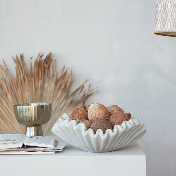 Decorative Resin Ruffled Bowl, Stone Finish, Cream Colour, 20" W
