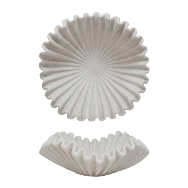 Decorative Resin Ruffled Bowl, Stone Finish, Cream Colour, 20" W