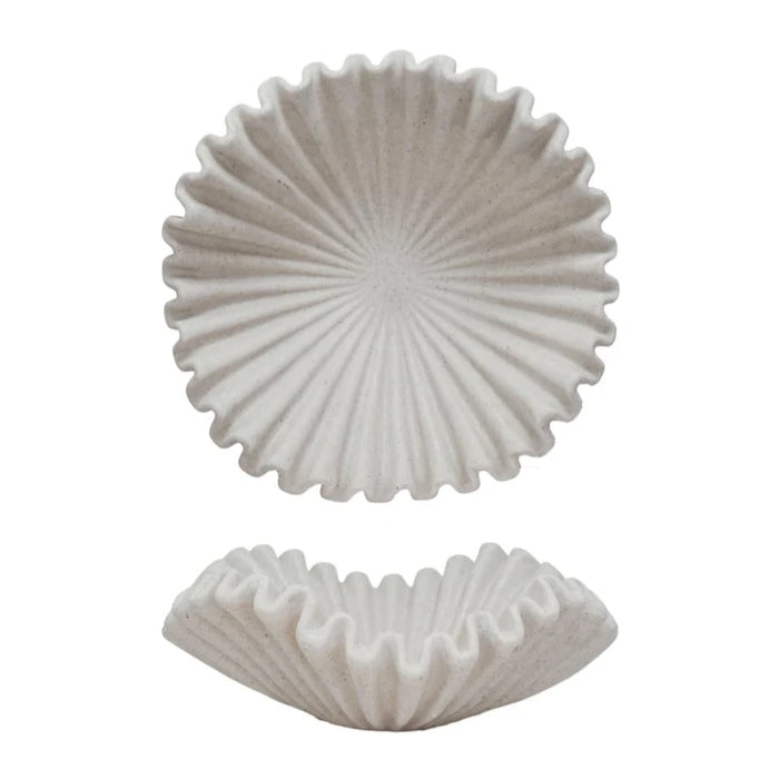 Decorative Resin Ruffled Bowl, Stone Finish, Cream Colour, 20" W