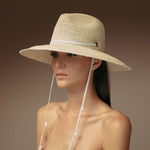 Long brim crochet Panama hat with adjustable leather band