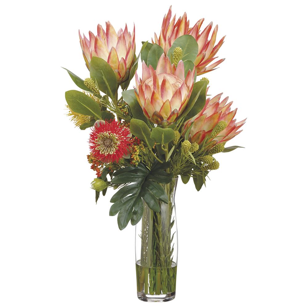 Protea/Leucospermum in Glass Vase Orange, 26"