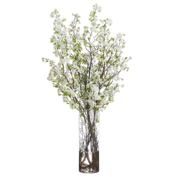 64" Cherry Blossom Arrangement in Tall Glass Vase, White