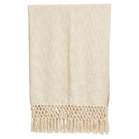 Woven Cotton Throw with Crochet and Fringe, Cream