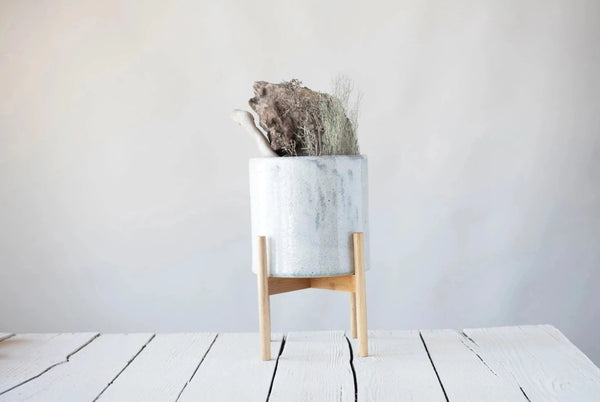 Stoneware Planter with Wood Stand
