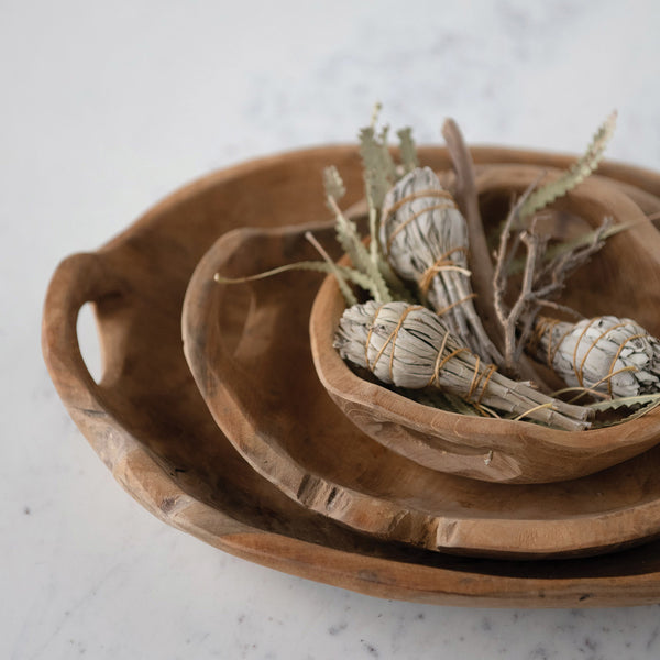 Teak Wood Bowls with Handles, 3 Sizes
