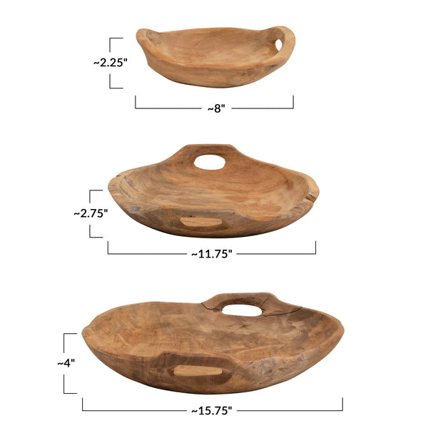 Teak Wood Bowls with Handles, 3 Sizes