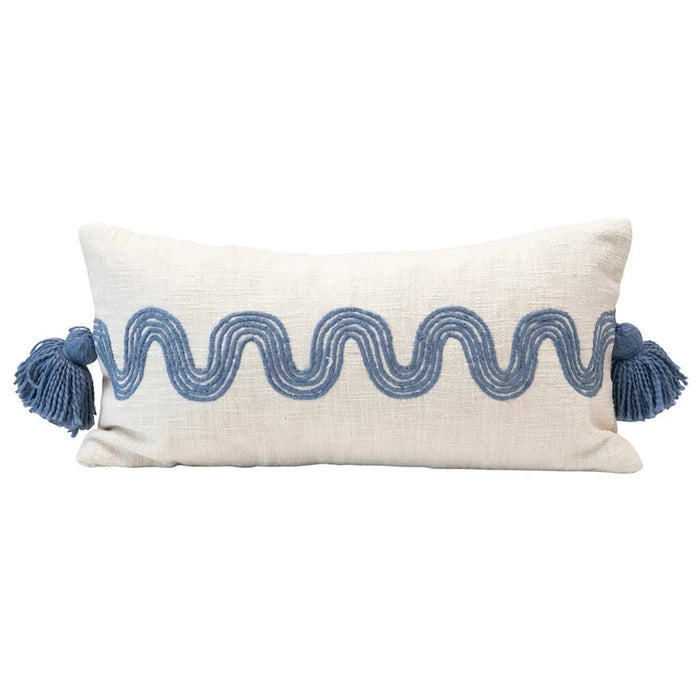 Lumbar Pillow with Embroidered Pattern & Tassels, 24" x 12"