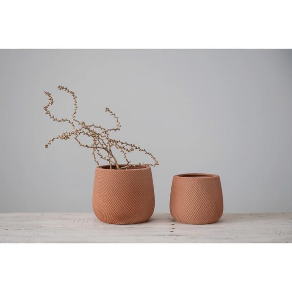 Large Engraved Stoneware Planter, Terracotta