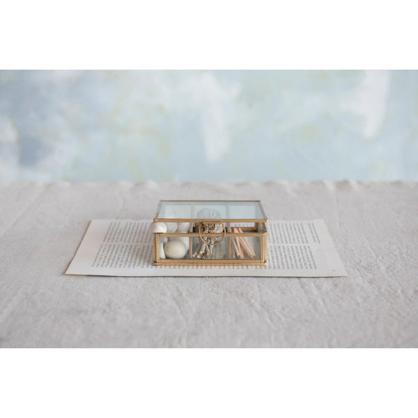Metal and Glass Box with 3 Compartments, Brass Finish