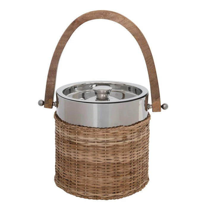 Stainless Steel and Woven Rattan Ice Bucket with Mango Wood Handle