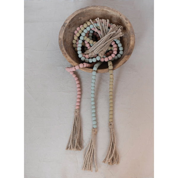 Paulownia Wood Bead with Jute Tassels, Pink