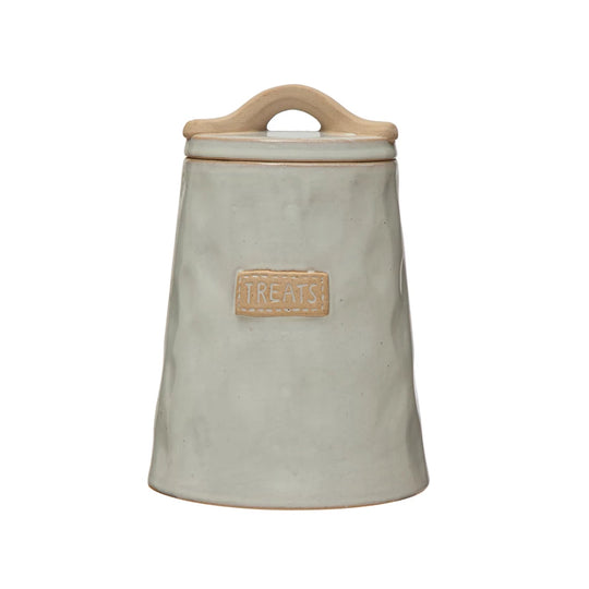 Stoneware Pet "Treats" Canister, White & Natural