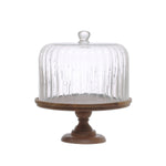 Acacia Wood Pedestal w/ Fluted Glass Cloche