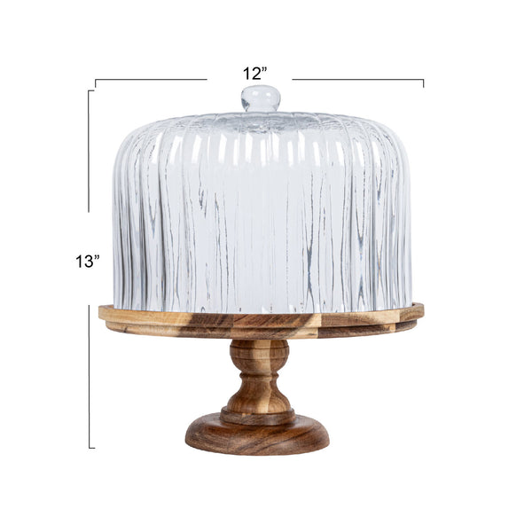 Acacia Wood Pedestal w/ Fluted Glass Cloche