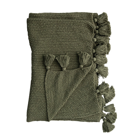 Cotton Knit Throw w/ Tassels, Olive