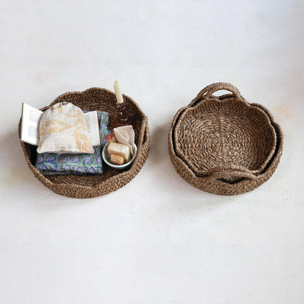 Decorative Braided Bankuan & Rattan Trays w/ Scalloped Edge & Handles, 3 Sizes