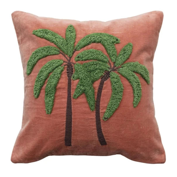 Embroidered Tufted Palm Trees Velvet Pillow, 18" x 18"