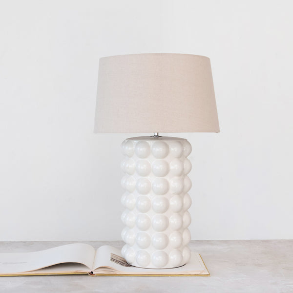 Stoneware Hobnail Table Lamp w/ Linen Shade, White