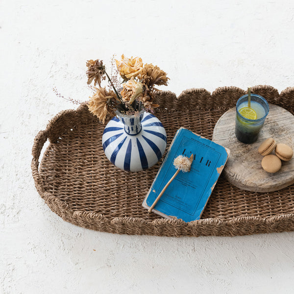 Hand-Woven Bankuan Scalloped Tray with Handles, 32"W x 13"D