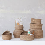 Oval Hand-Woven Seagrass Baskets with Lids, 3 Sizes