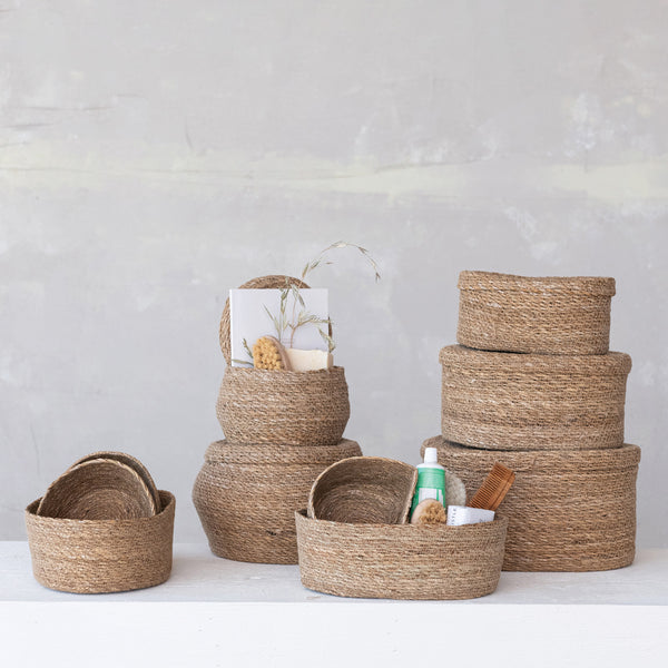 Oval Hand-Woven Seagrass Baskets with Lids, 3 Sizes
