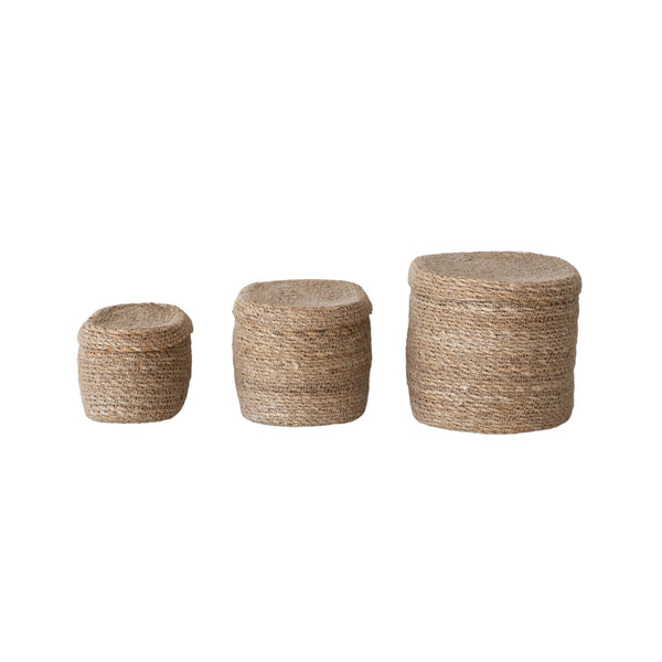 Oval Hand-Woven Seagrass Baskets with Lids, 3 Sizes