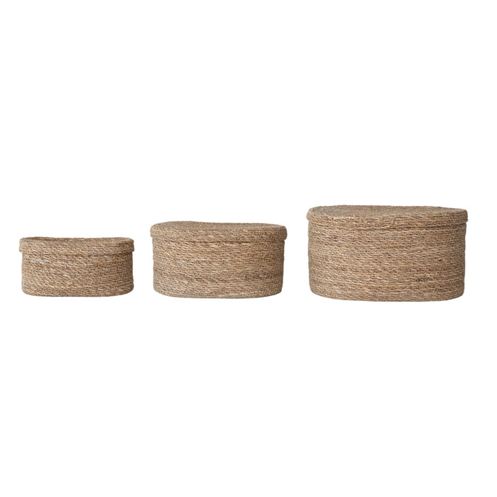 Oval Hand-Woven Seagrass Baskets with Lids, 3 Sizes
