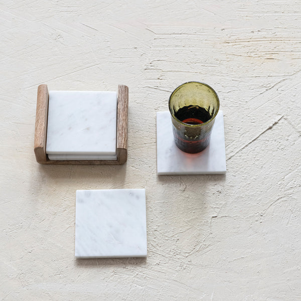 Marble Coasters with Mango Wood Holder