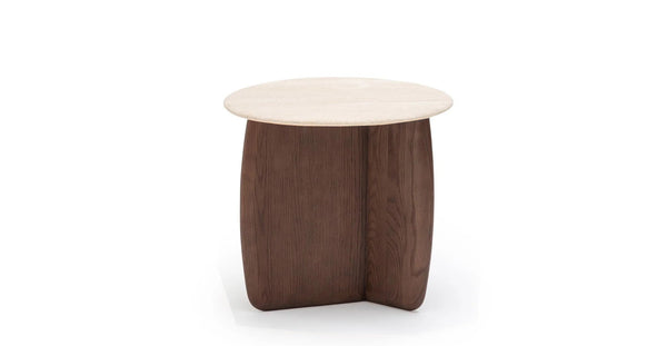 Eden Side Table, Espresso Oak, Travertine, 21.7" Dia × 19.7"H