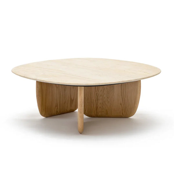 Eden Coffee Table, Light Oak, Travertine, 35.4"Dia × 13.8" H