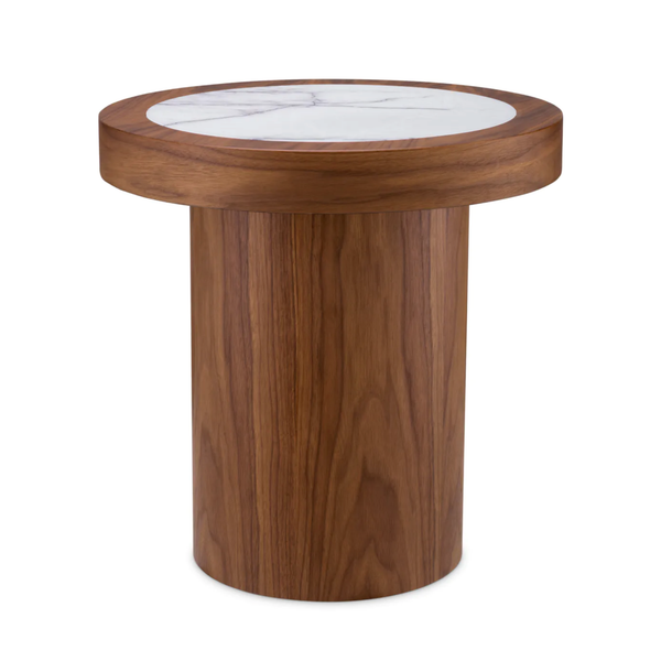 Presedio Side Table - Walnut Veneer/Bianco Lilac Marble, 19.69"Dia
