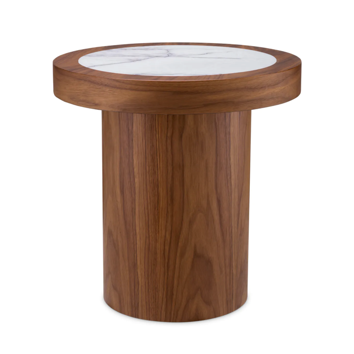 Presedio Side Table - Walnut Veneer/Bianco Lilac Marble, 19.69"Dia