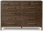 French Contemporary 12-Drawer Dresser, Brown Oak/Satin Brass