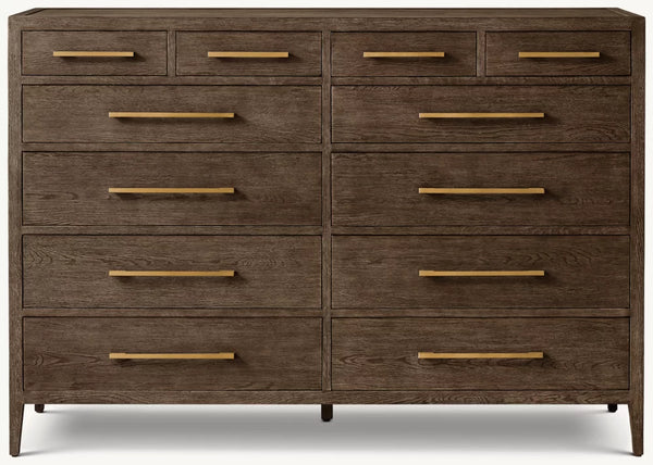 French Contemporary 12-Drawer Dresser, Brown Oak/Satin Brass