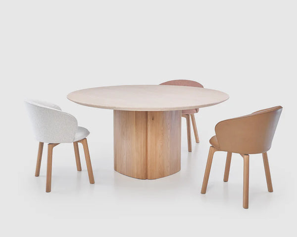 Tathra Round Dining Table, Light Oak with Travertine Top, 61"Dia