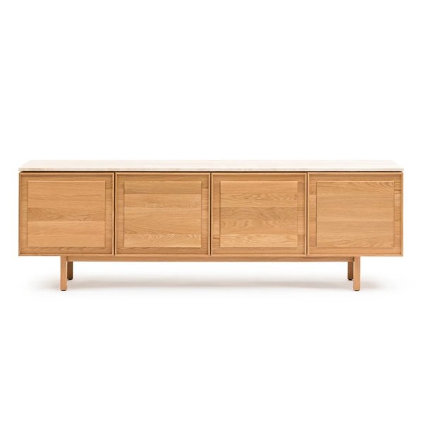 Yorke Media Cabinet, Light Oak with Travertine Top, 78.75" W × 17.75" D × 28" H