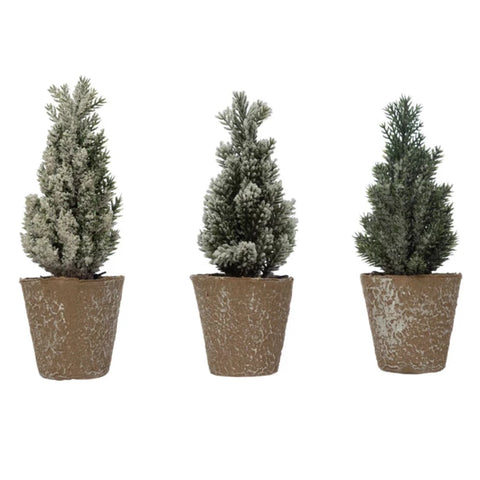 Faux Pine Tree in Paper Pot, Ice Finish, 3 Styles Assorted