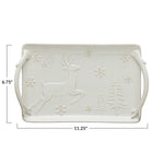 Stoneware Tray w/ Deer, Snowflakes & Trees, Reactive Glaze